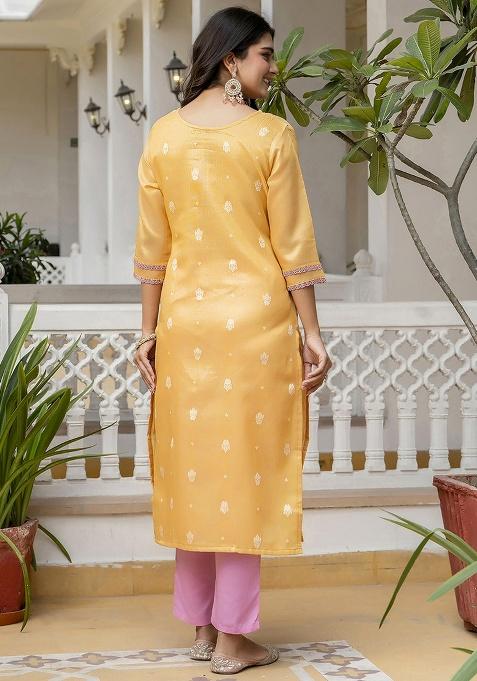 Yellow Embroidery Silk Kurti