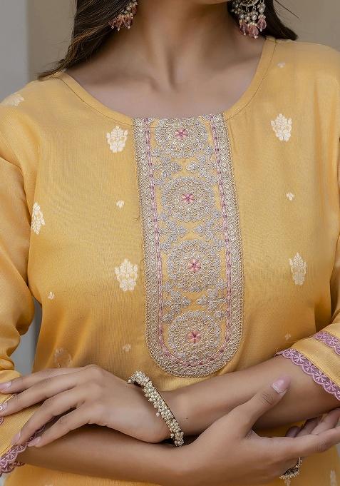 Yellow Embroidery Silk Kurti