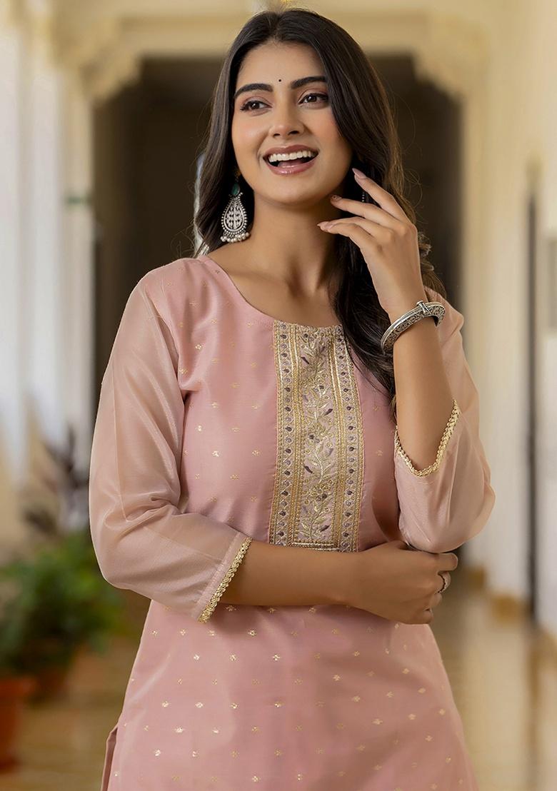 Baby Pink Embroidery Silk Kurti - Indya