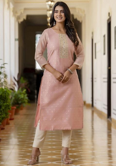 Baby Pink Embroidery Silk Kurti