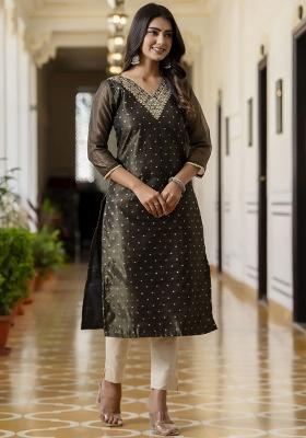 Black Embroidery Silk Kurti