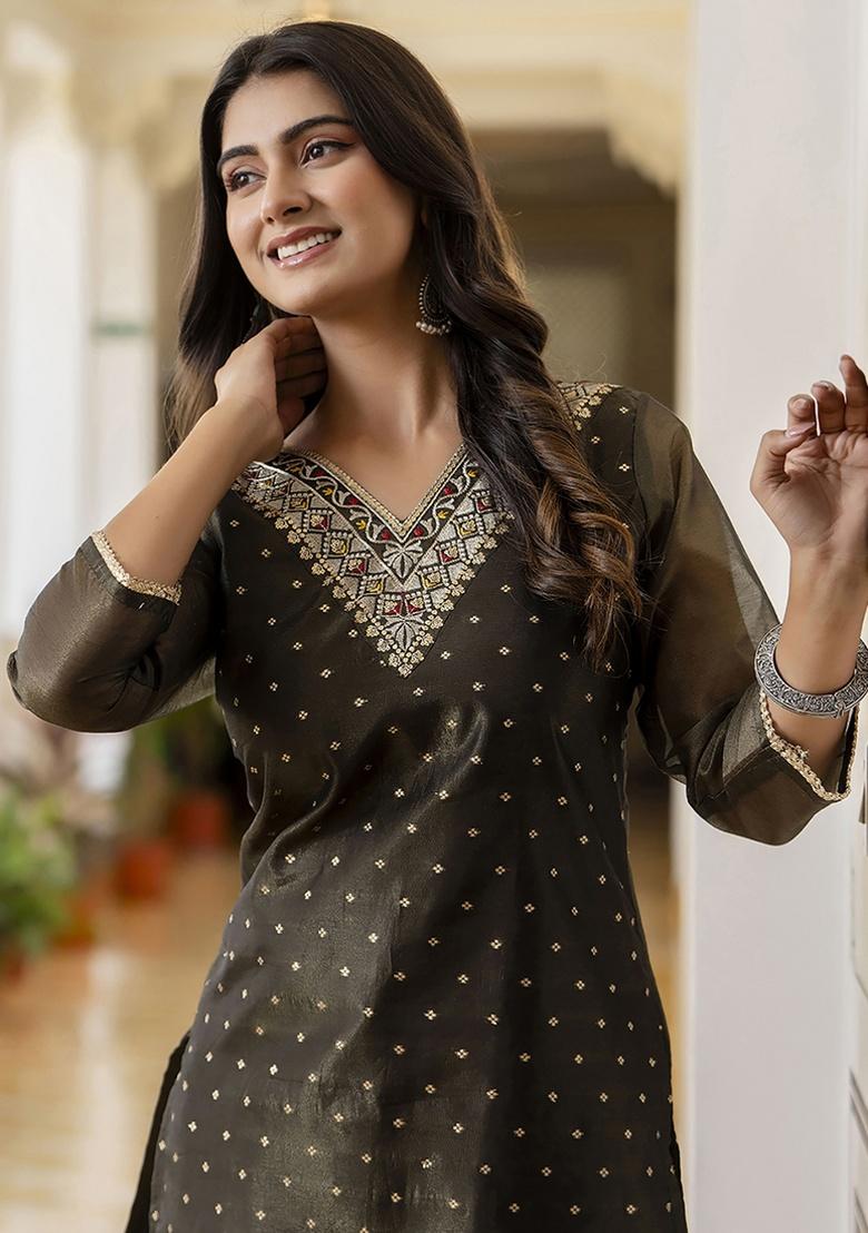 Black Embroidery Silk Kurti - Indya
