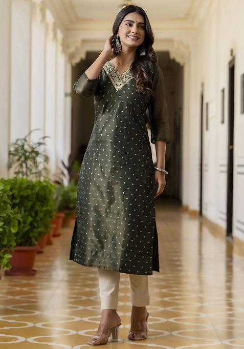 Green Embroidery Silk Kurti