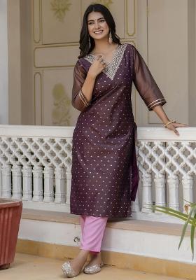 Purple Embroidery Silk Kurti