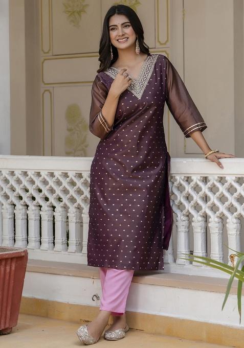Purple Embroidery Silk Kurti