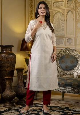 White Embroidery Silk Kurti