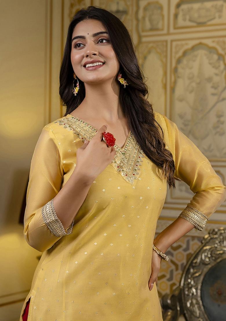 Yellow Embroidery Silk Kurti