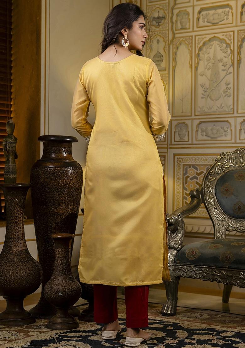 Yellow Embroidery Silk Kurti