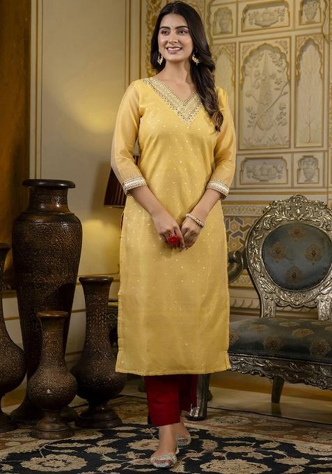 Yellow Embroidery Silk Kurti