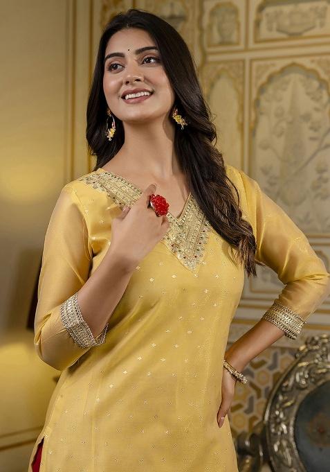 Yellow Embroidery Silk Kurti