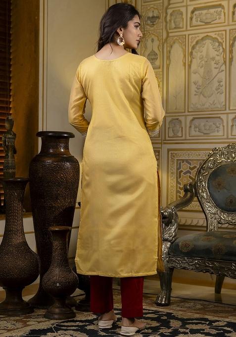 Yellow Embroidery Silk Kurti