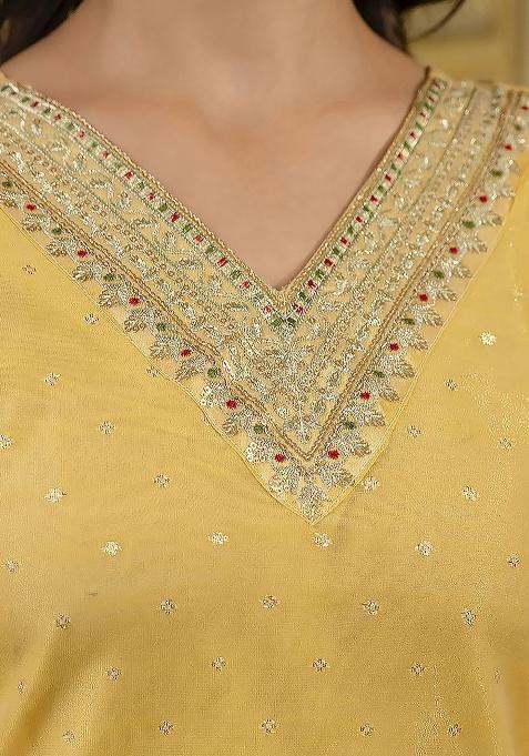 Yellow Embroidery Silk Kurti