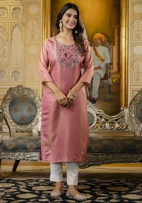 Baby Pink Embroidery Silk Kurti