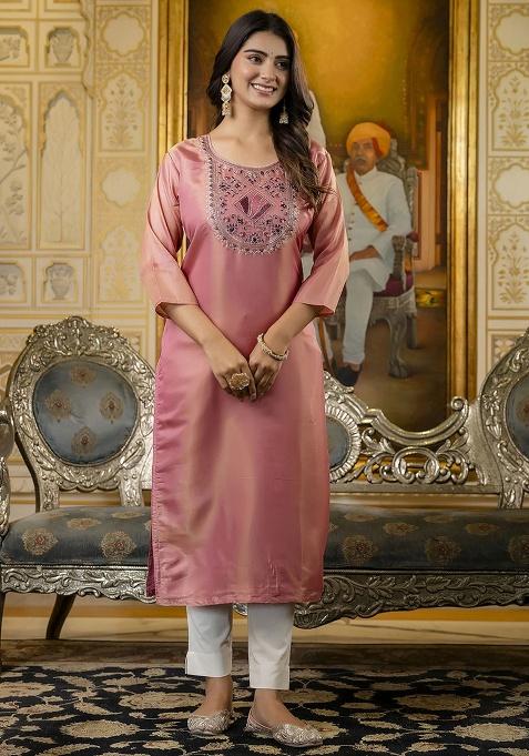 Baby Pink Embroidery Silk Kurti