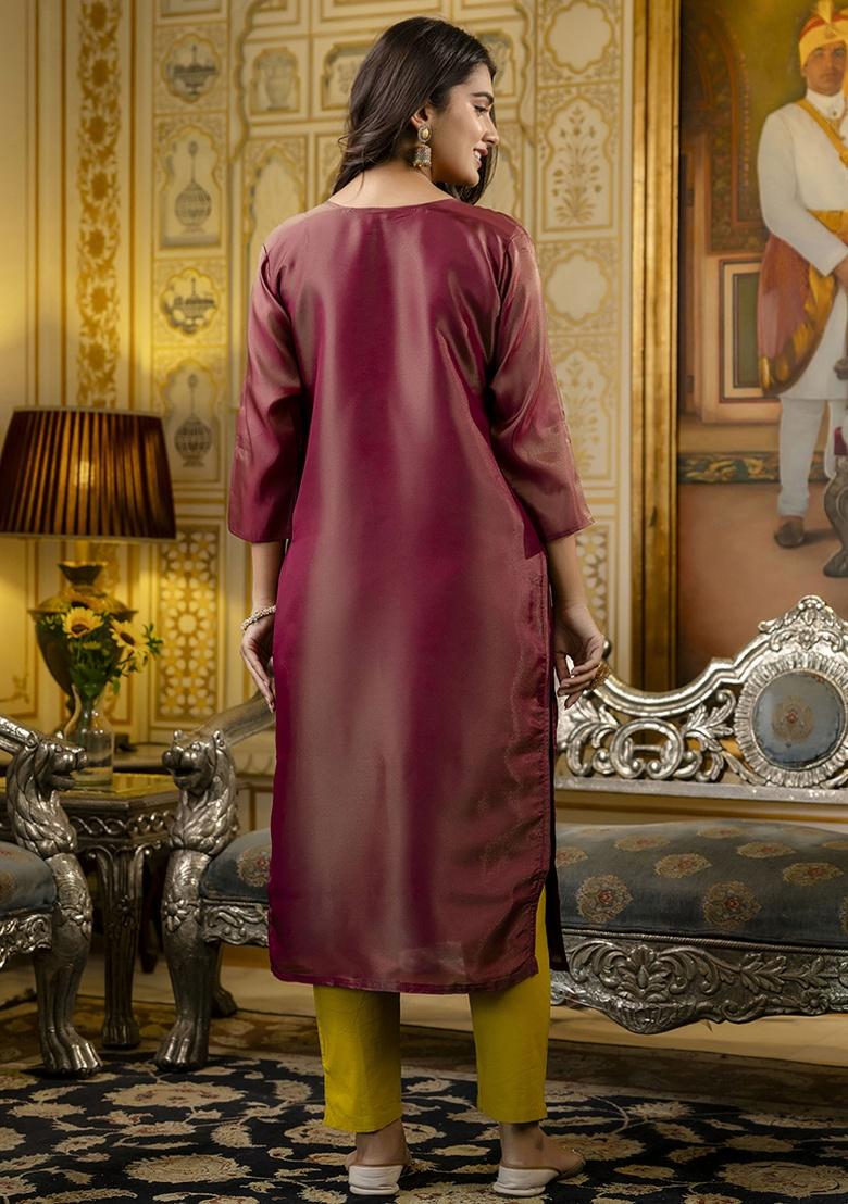 Brown Embroidery Silk Kurti - Indya