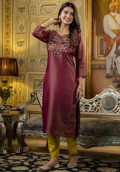 Brown Embroidery Silk Kurti