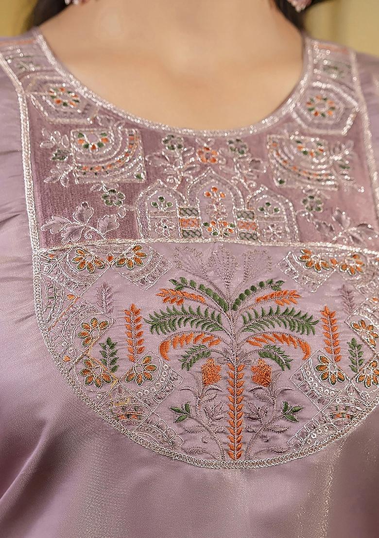 Lavender Embroidery Silk Kurti - Indya