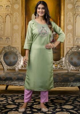 Pista Embroidery Silk Kurti
