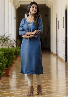 Teal Embroidery Silk Kurti