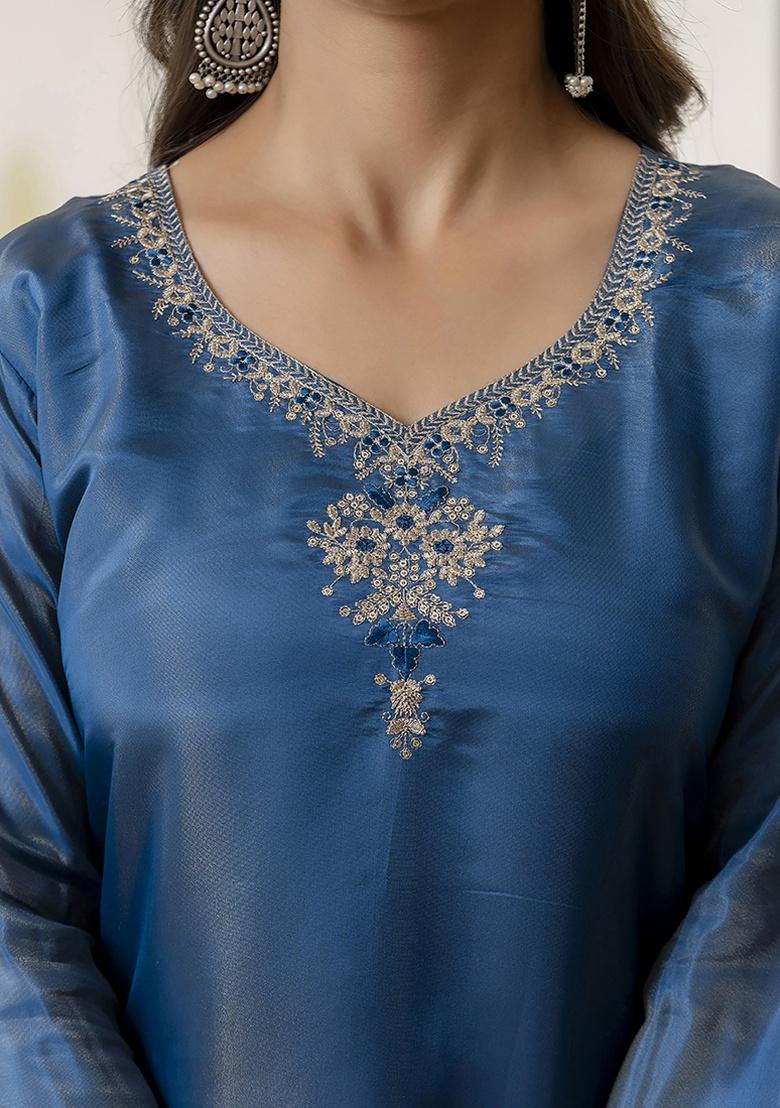Teal Embroidery Silk Kurti