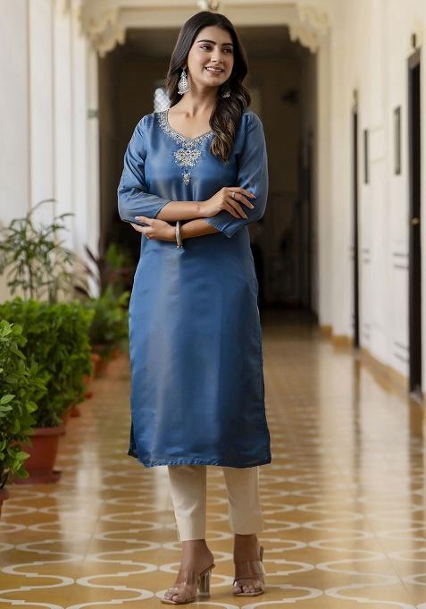 Teal Embroidery Silk Kurti