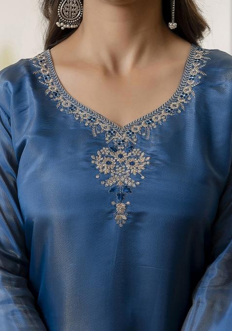 Teal Embroidery Silk Kurti
