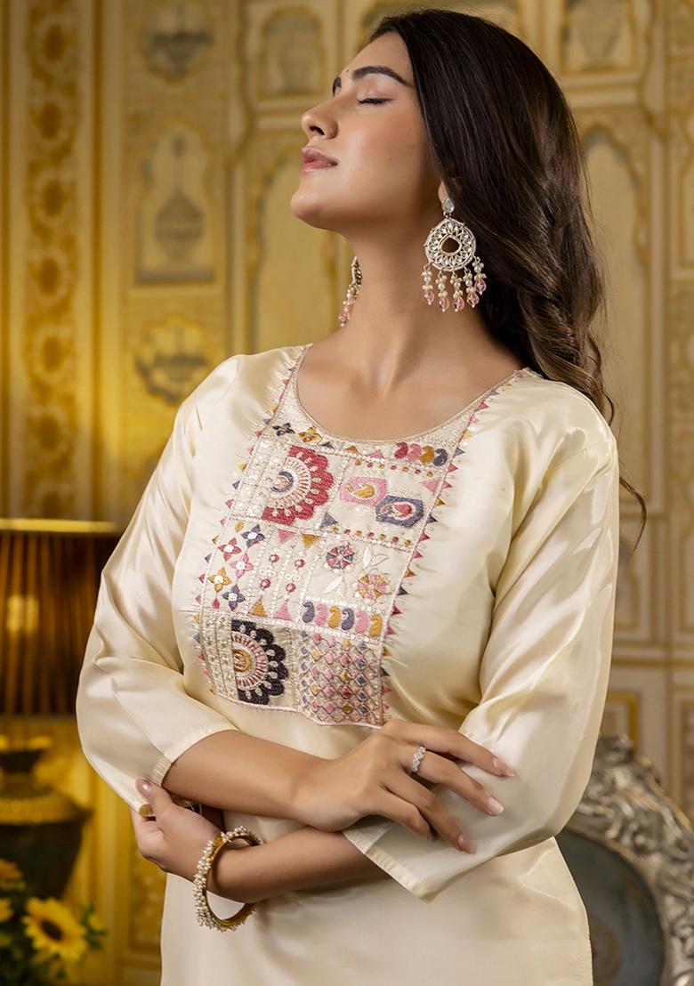 White Embroidery Silk Kurti