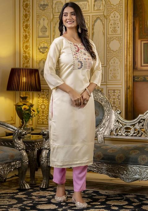 White Embroidery Silk Kurti