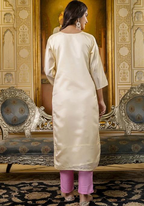 White Embroidery Silk Kurti