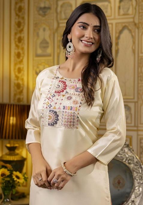 White Embroidery Silk Kurti