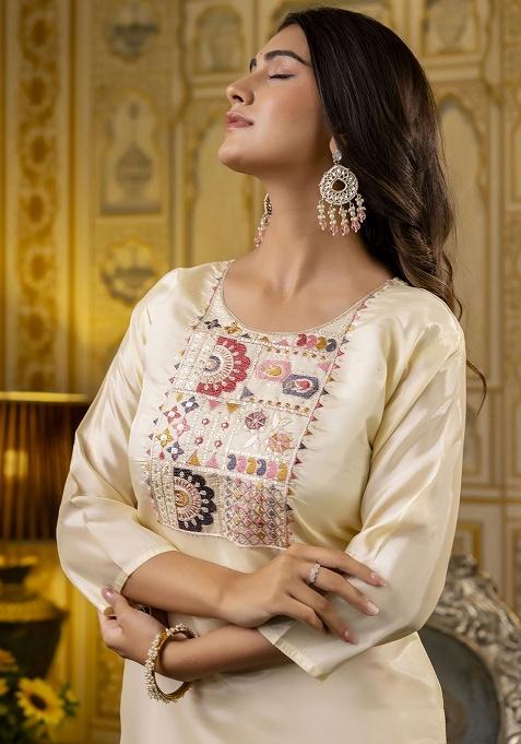 White Embroidery Silk Kurti