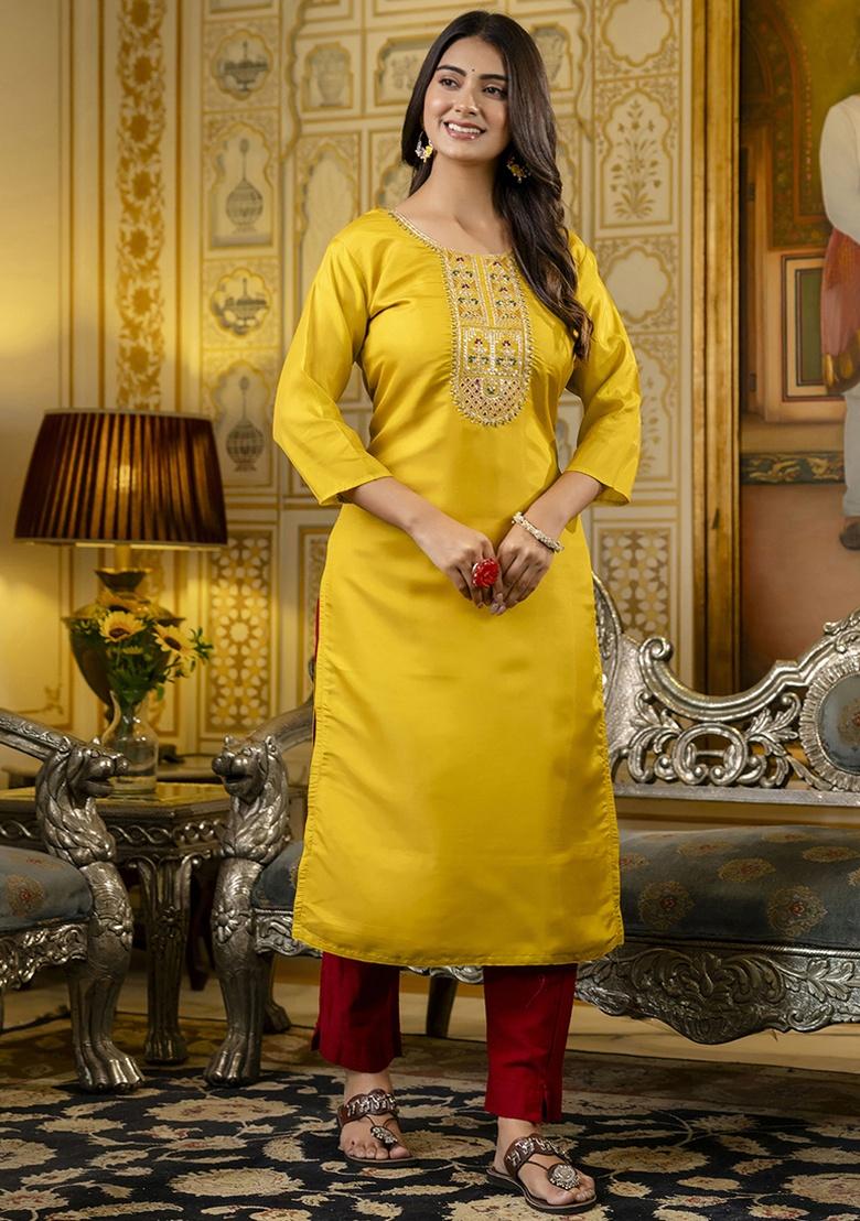 Yellow Embroidery Silk Kurti