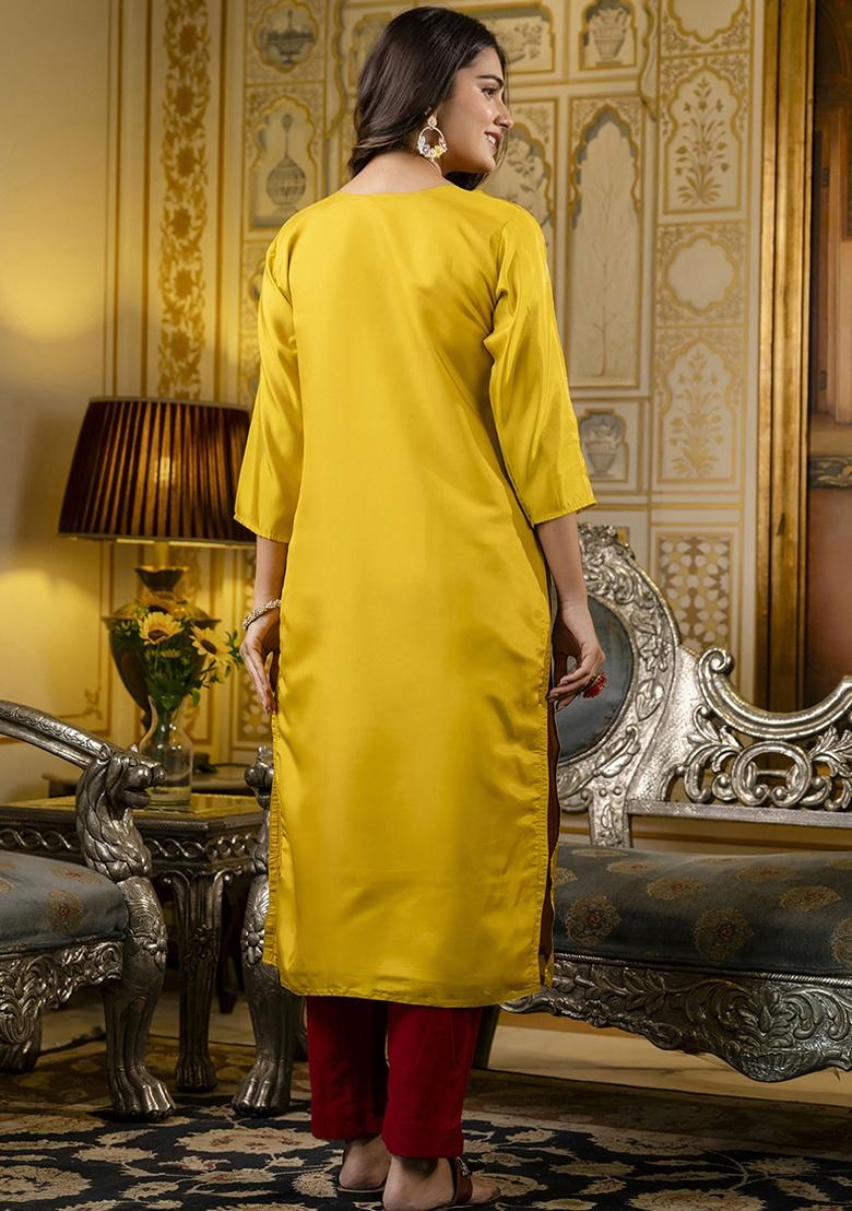 Yellow Embroidery Silk Kurti