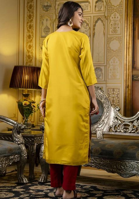 Yellow Embroidery Silk Kurti