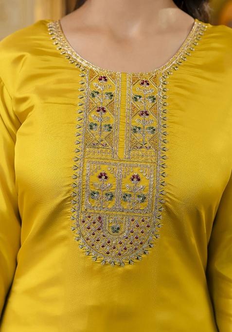 Yellow Embroidery Silk Kurti