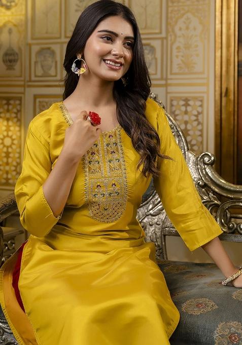 Yellow Embroidery Silk Kurti