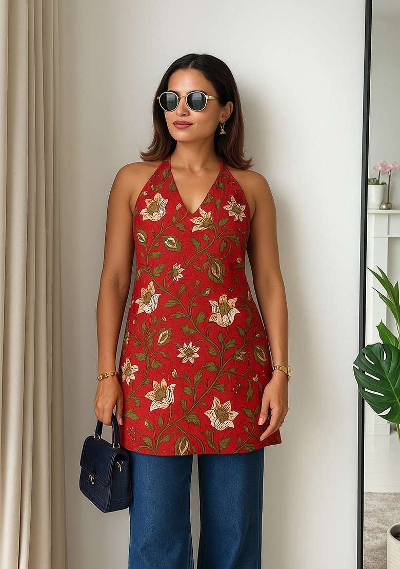 Multi Printed Cotton Short Kurti - Indya