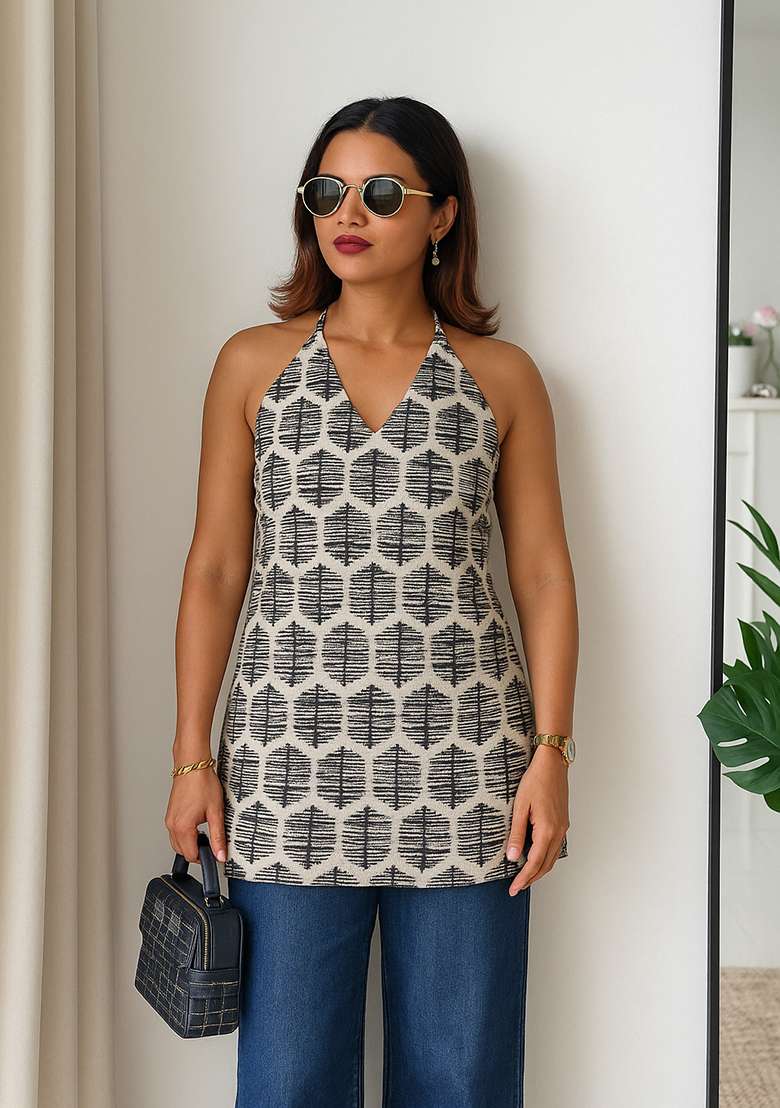 White Printed Cotton Short Kurti - Indya
