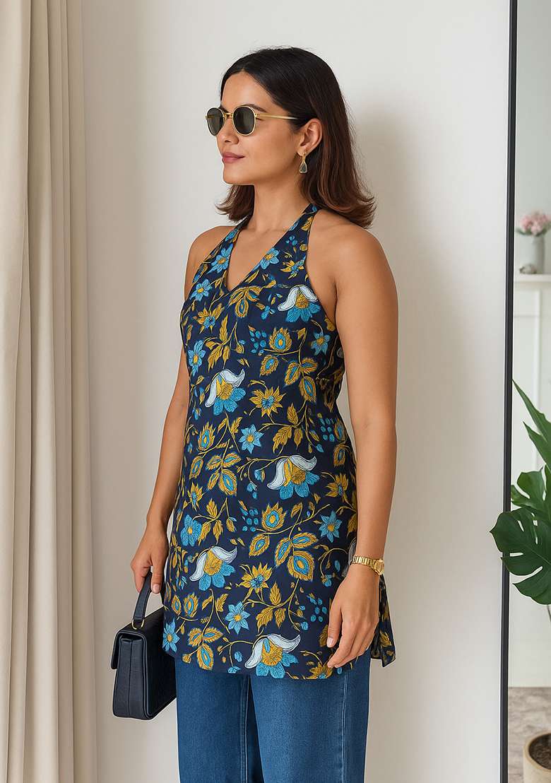 Multi Floral Print Cotton Kurta - Indya