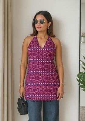Purple Printed Cotton Short Kurti
