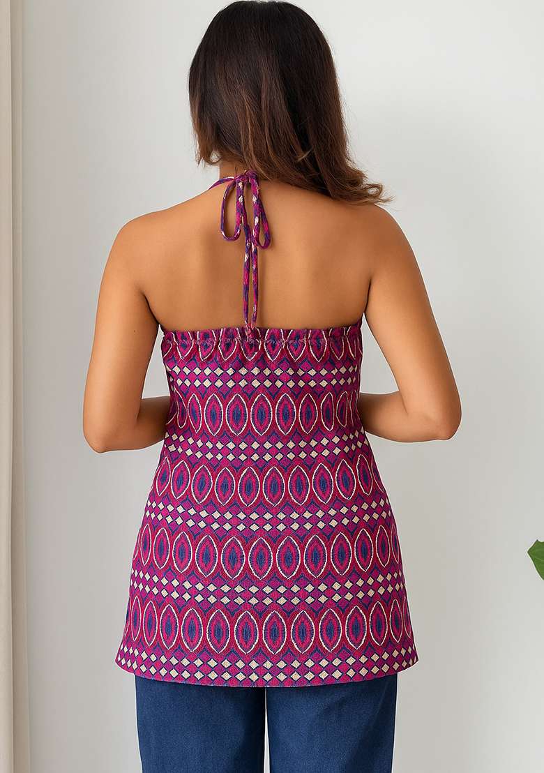 Purple Printed Cotton Short Kurti - Indya
