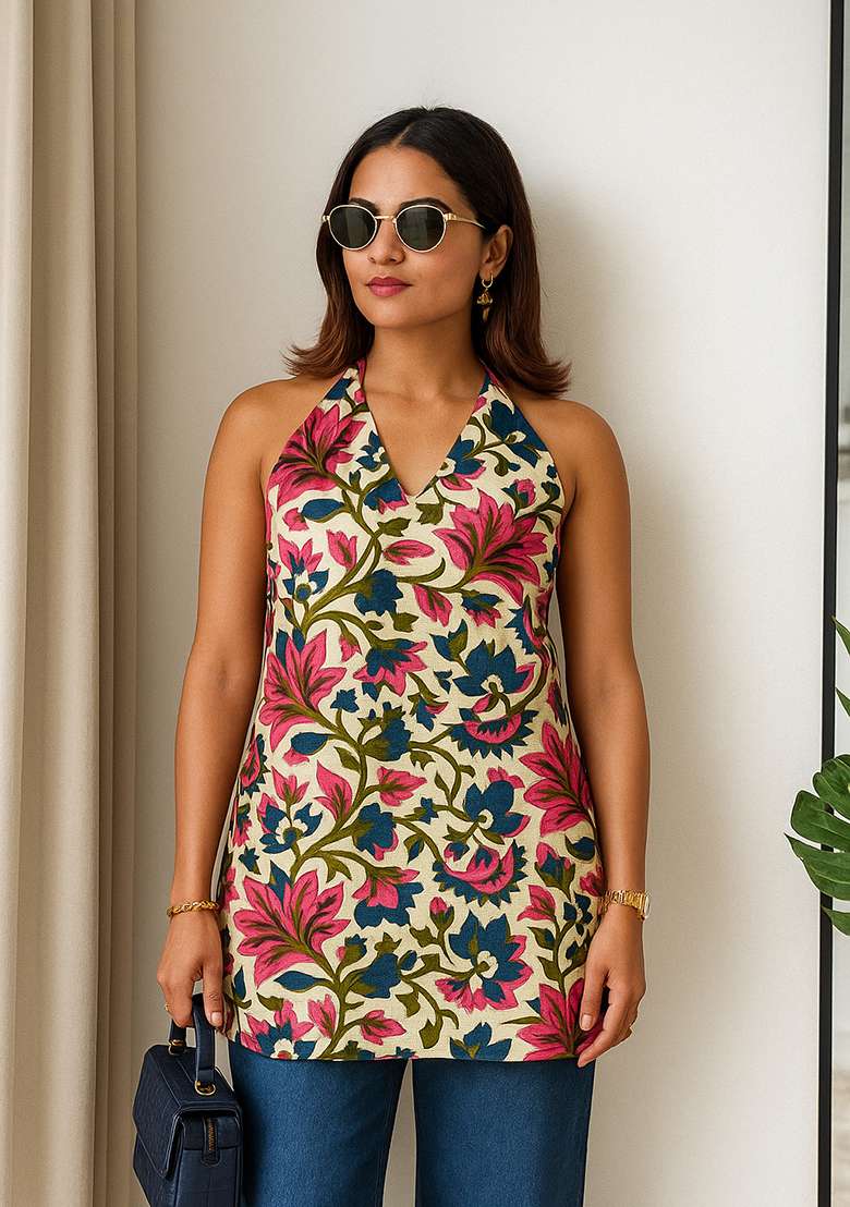 Multi Printed Cotton Short Kurti - Indya