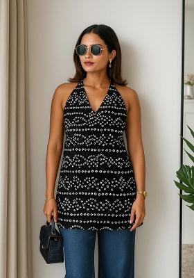 Black Printed Cotton Short Kurti