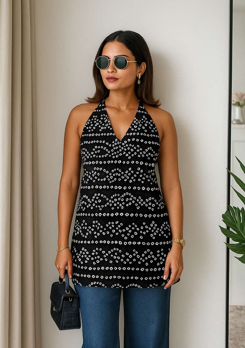 Black Printed Cotton Short Kurti - Indya