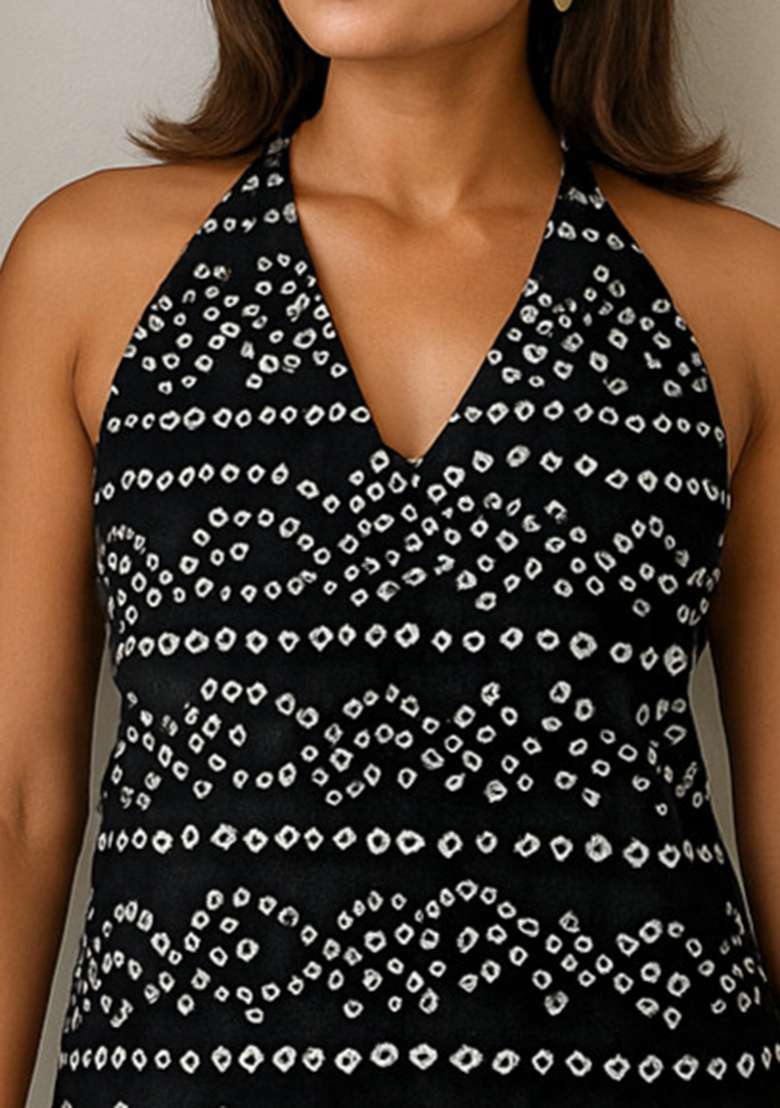 Black Printed Cotton Short Kurti - Indya
