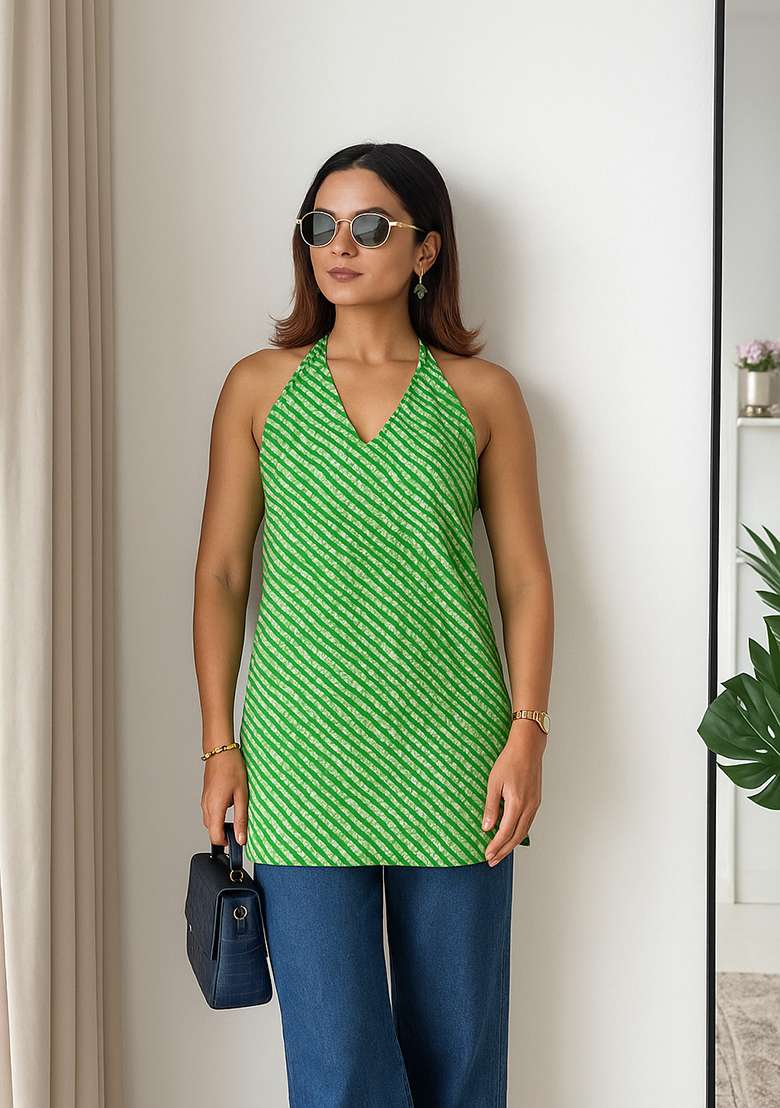 Green Printed Cotton Short Kurti - Indya
