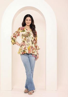 Beige Printed Cotton Kurti