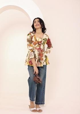 Beige Printed Cotton Kurti