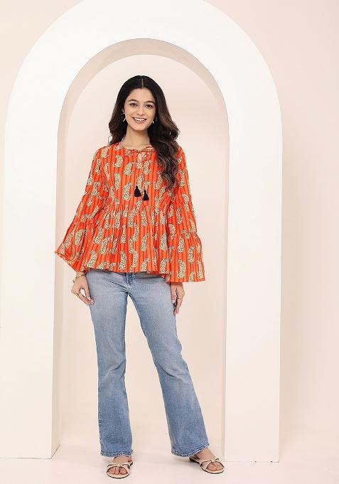 Orange Printed Cotton Top