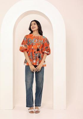 Orange Printed Cotton Kurti